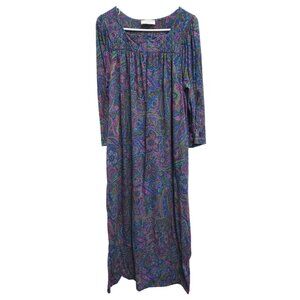 VTG 90s Miss Elaine Womens Long Night Gown Medium Blue Paisley Long Sleeve Trad